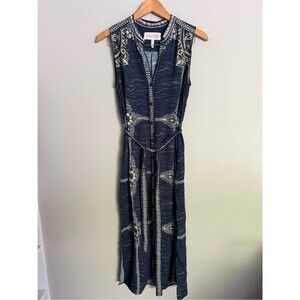 SALONI Women’s Size 2 Dress Button Down Navy and Cream Sleeveless Midi Tie Waist